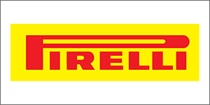 A yellow and red pirelli logo on top of a white background.