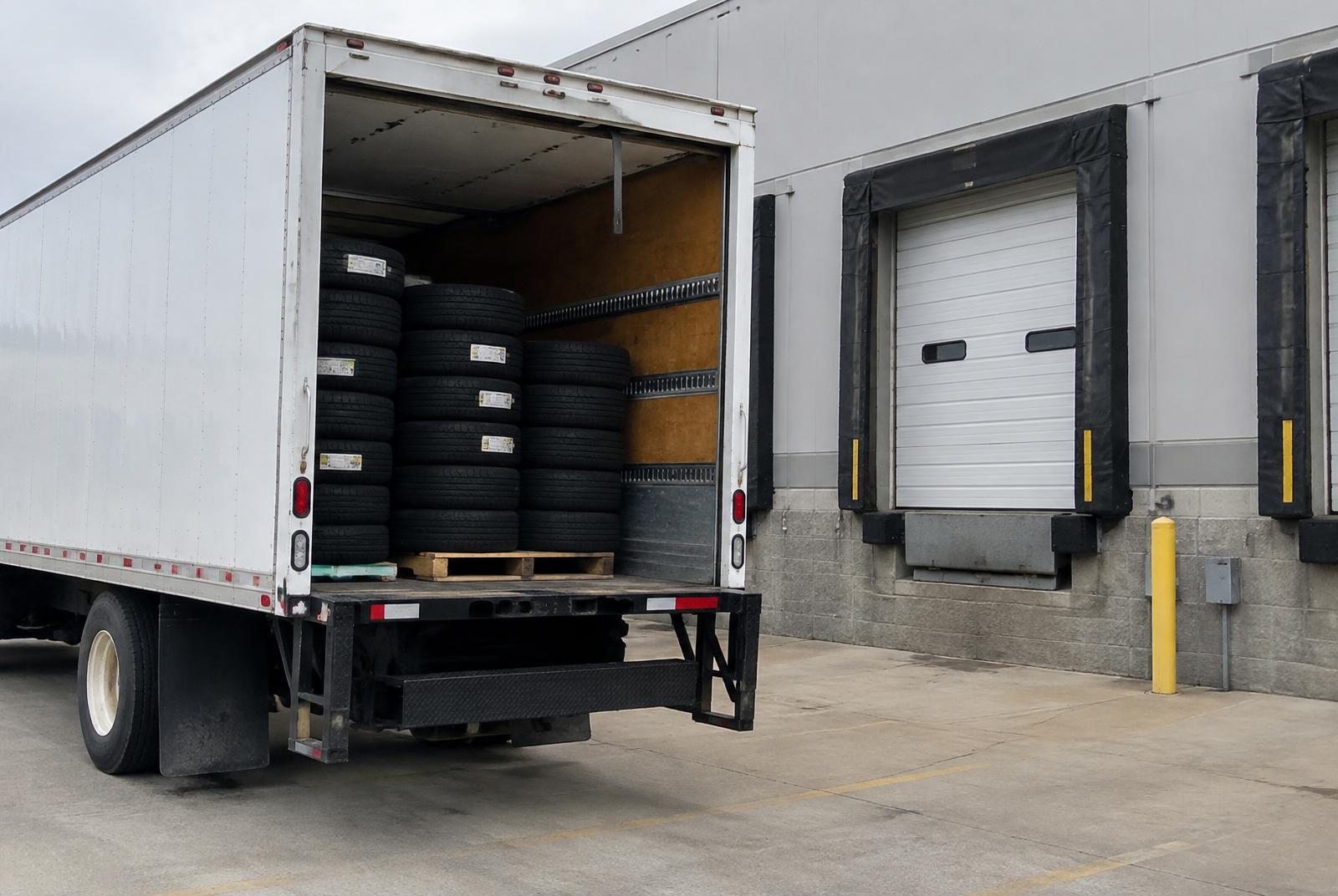 Box truck loaded with commercial tires at a loading dock